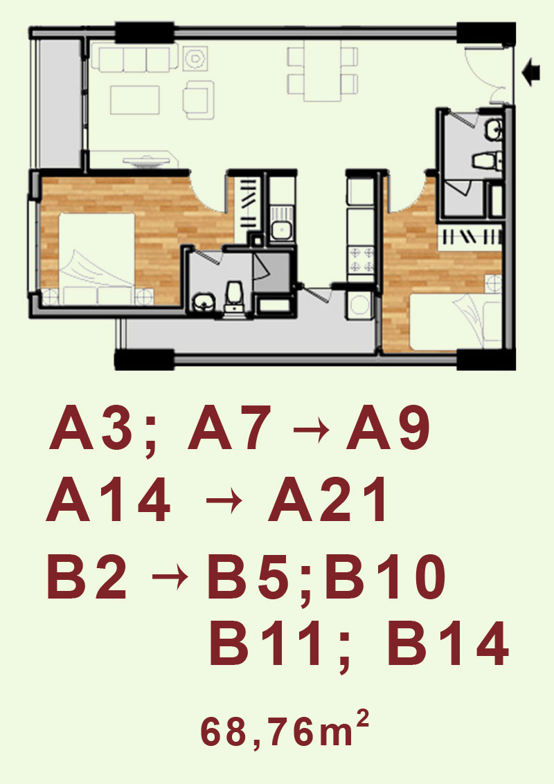 Bản vẽ căn hộ A3, A7->A9, A14->A21, B2->B5, B10, B11, B14